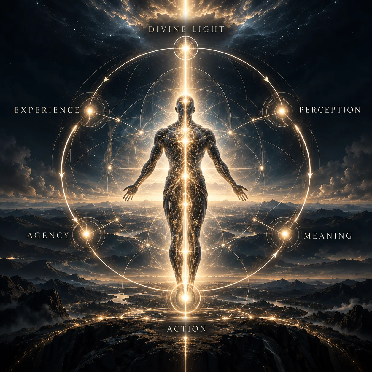Luminous human figure beneath descending divine light with labeled schematic relationships